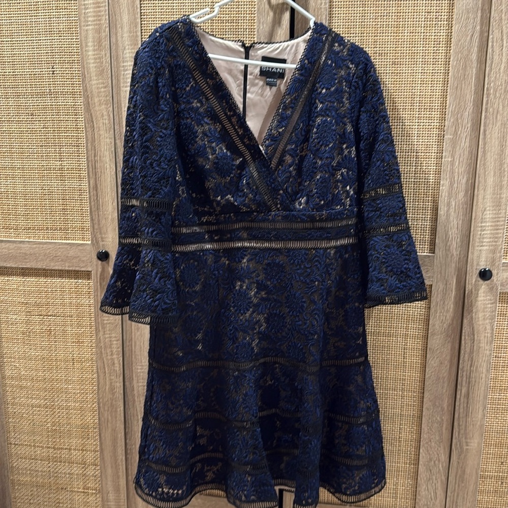 Shani Blue Romantic RomCom Wedding Lace Surplice Neckline Bell Sleeves Dress